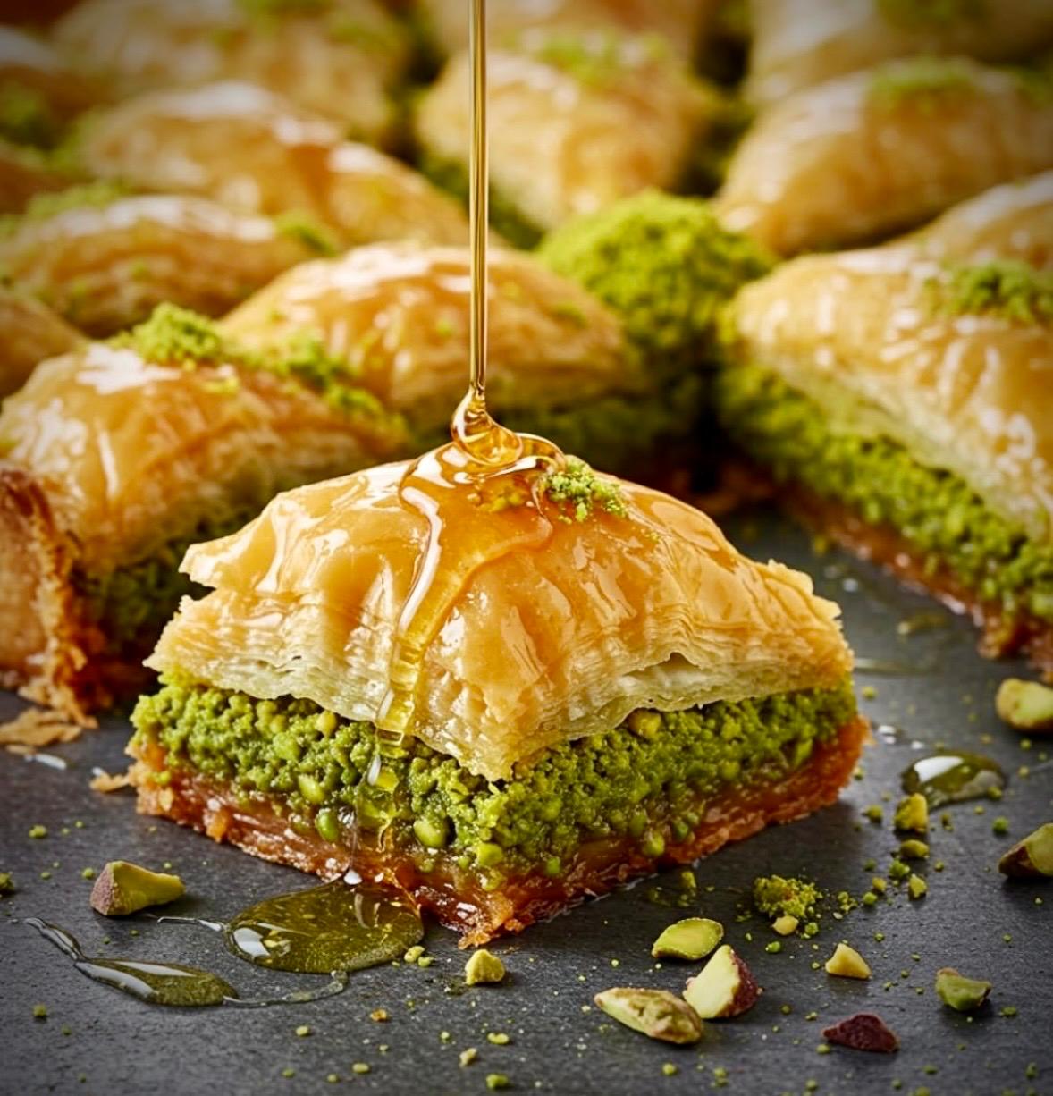 Pistachio baklava with honey